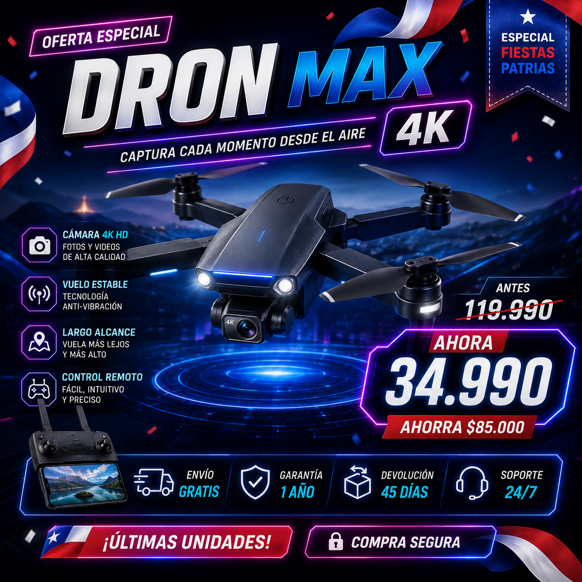 Dron Max 4K – Cámara UHD + Control Remoto